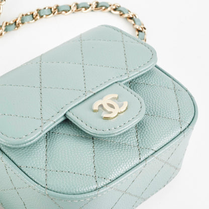 Chanel Micro Bag With Chain Greyish Green LGHW  Caviar