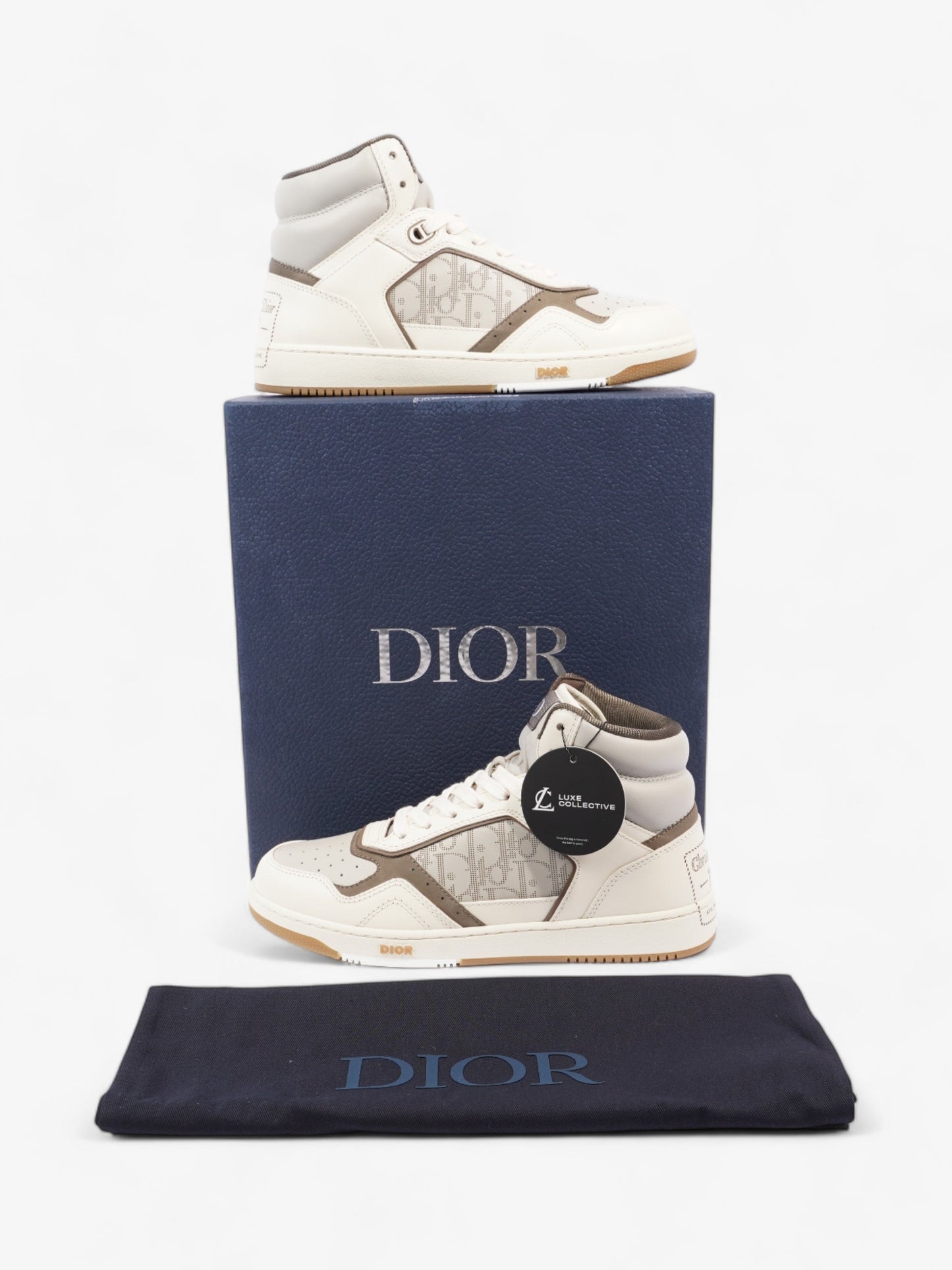 Christian Dior B27 High Top Sneakers  White / Grey / Brown Leather EU 40 UK 6