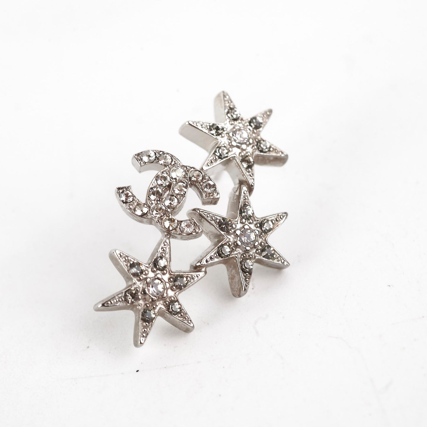Chanel Star Logo Rhinestone Silver Earrings Costume Jewellery