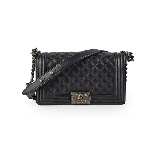 Chanel Old Medium Caviar Boy Black Microchip