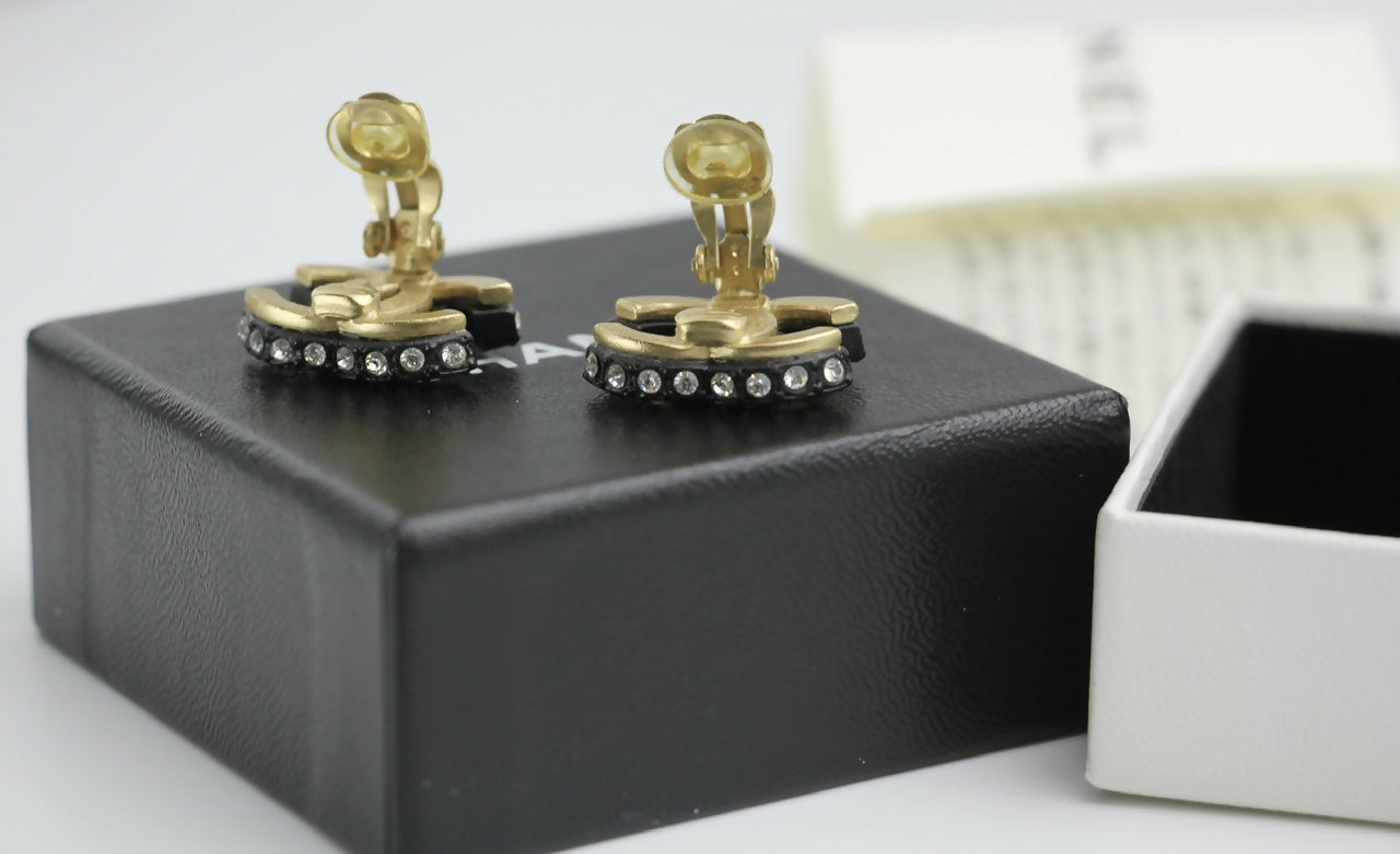Chanel Vintage 02A Rhinestone Black CC Logo Clip-on Earrings