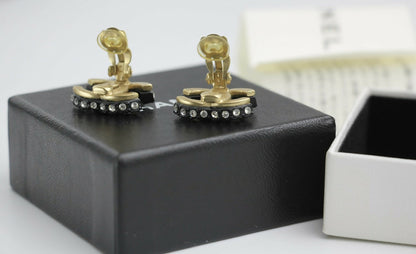 Chanel Vintage 02A Rhinestone Black CC Logo Clip-on Earrings