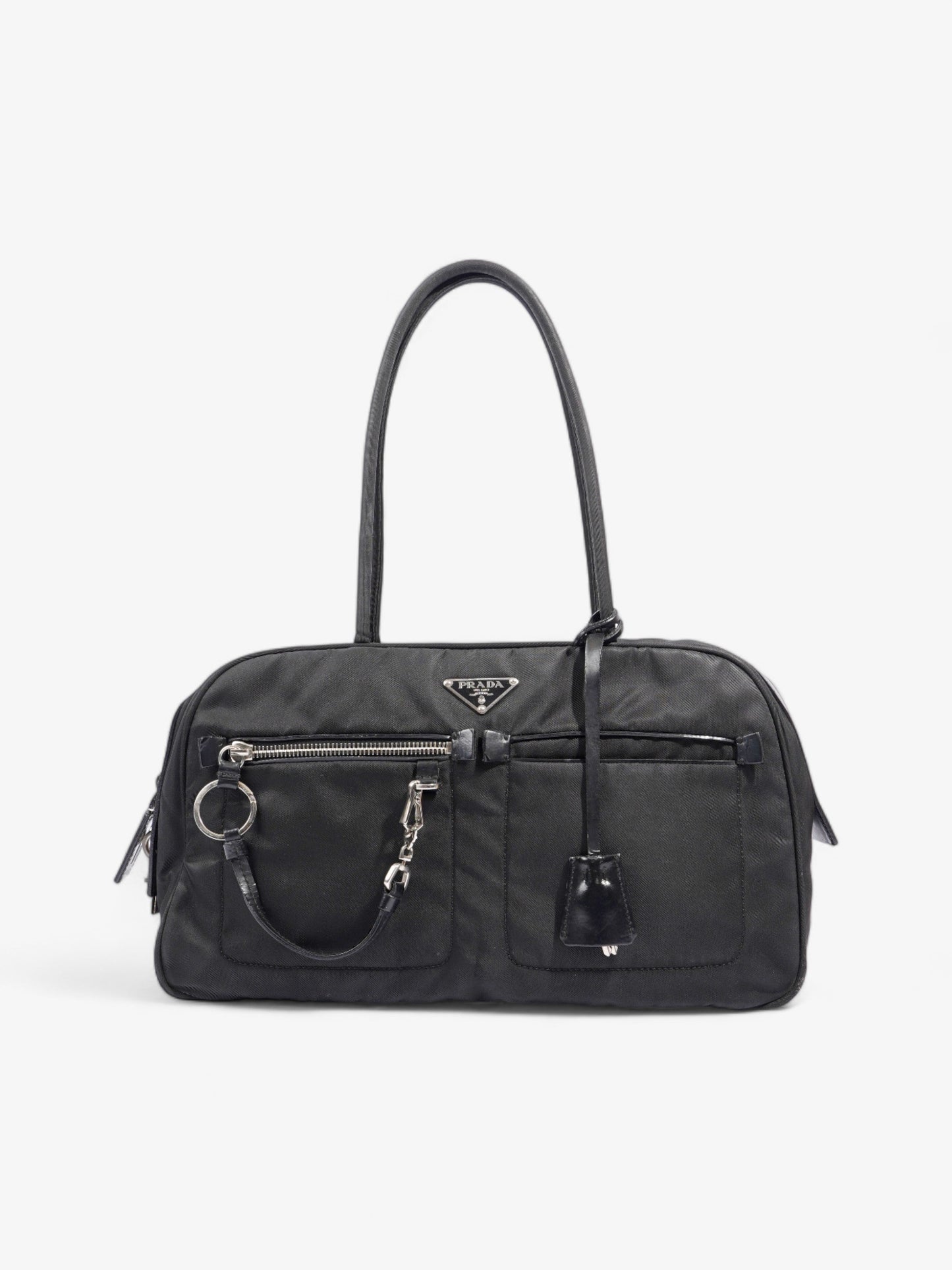 Prada Triangle Logo Boston Front Pocket Black Nylon