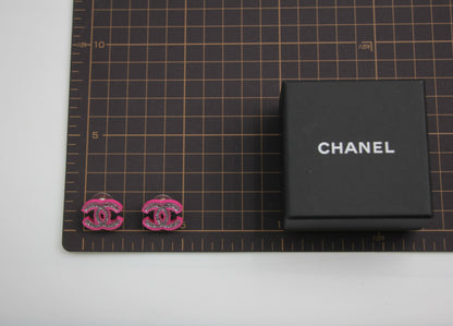 Chanel 2018 Resin Silver Glitter Pink Stud Earrings