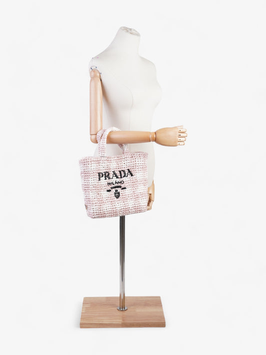 Prada Logo Tote Bag Pink / White / Black Raffia Small