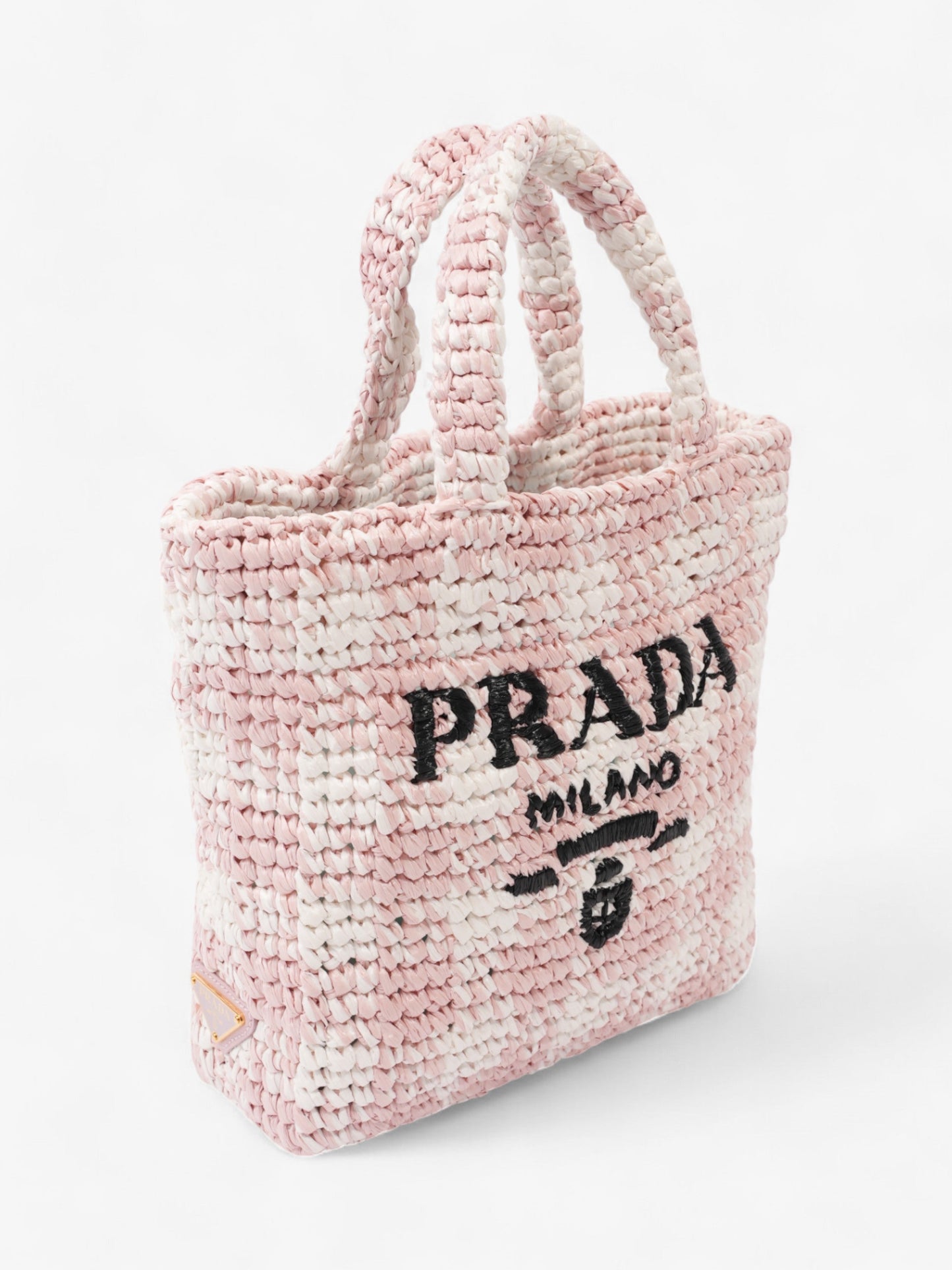 Prada Logo Tote Bag Pink / White / Black Raffia Small