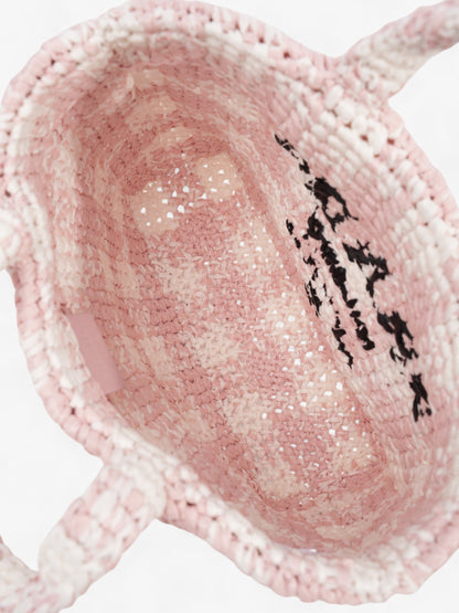 Prada Logo Tote Bag Pink / White / Black Raffia Small