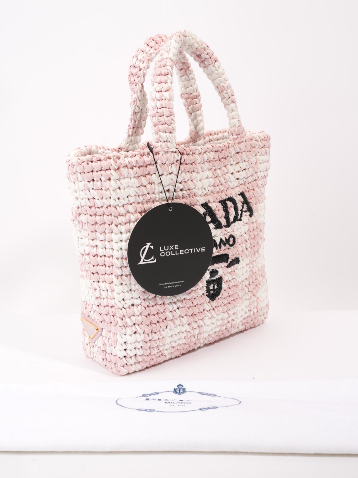 Prada Logo Tote Bag Pink / White / Black Raffia Small