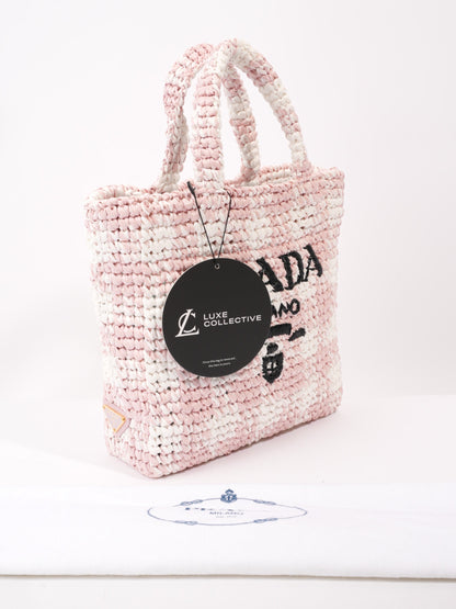 Prada Logo Tote Bag Pink / White / Black Raffia Small