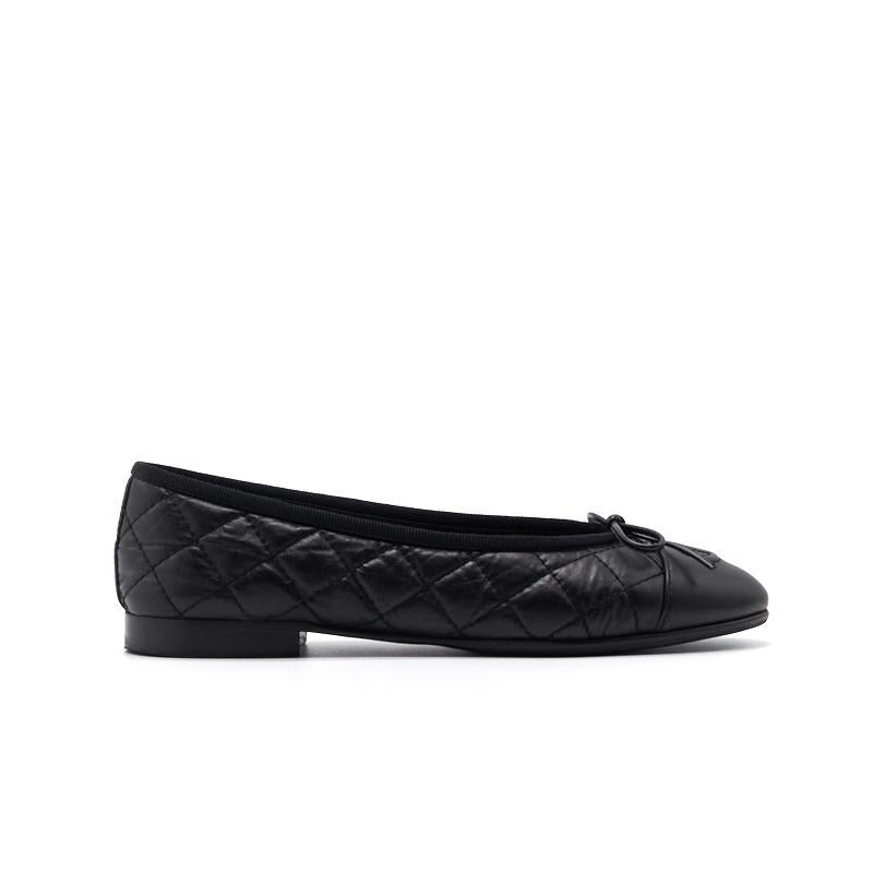 Chanel Black Quilted Suede CC Cap Toe Ballet Flats