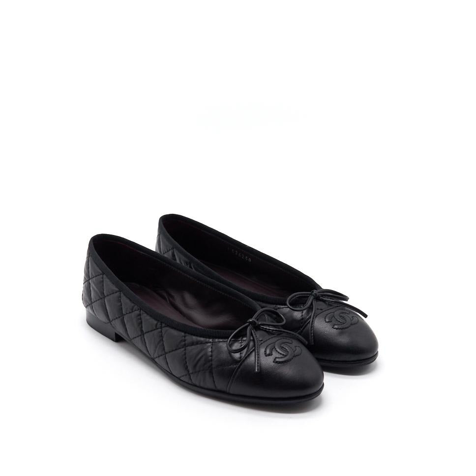 Chanel Black Quilted Suede CC Cap Toe Ballet Flats
