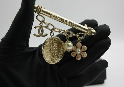 Chanel B18C Metal Wheat Ear Coin Flower Chain Brooch