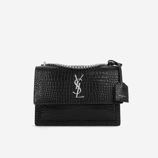 Saint Laurent Medium Sunset - Black Croc Embossed
