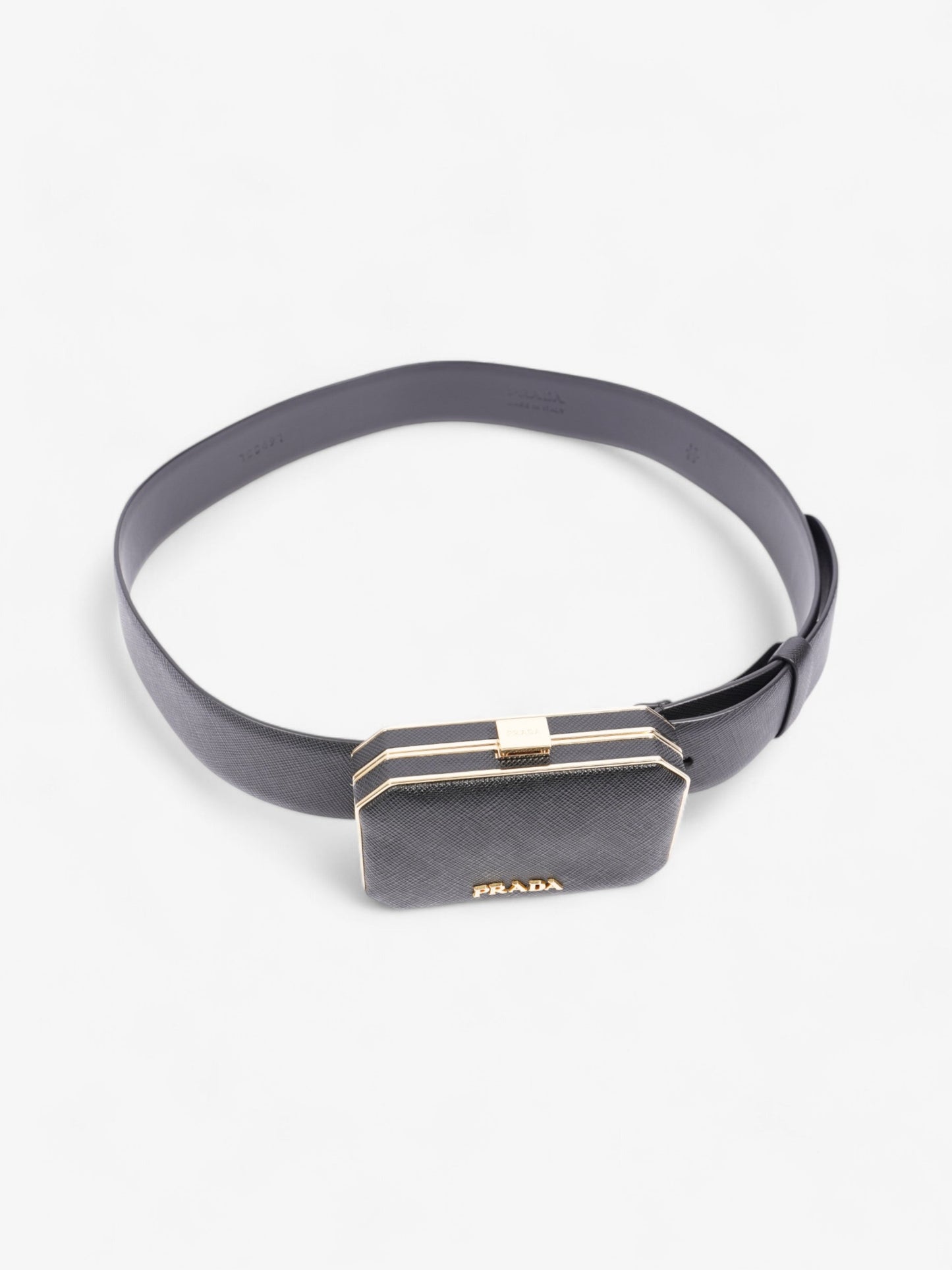 Prada Octagon Logo Belt with Bag Black / Gold Saffiano Leather 80cm / 32"