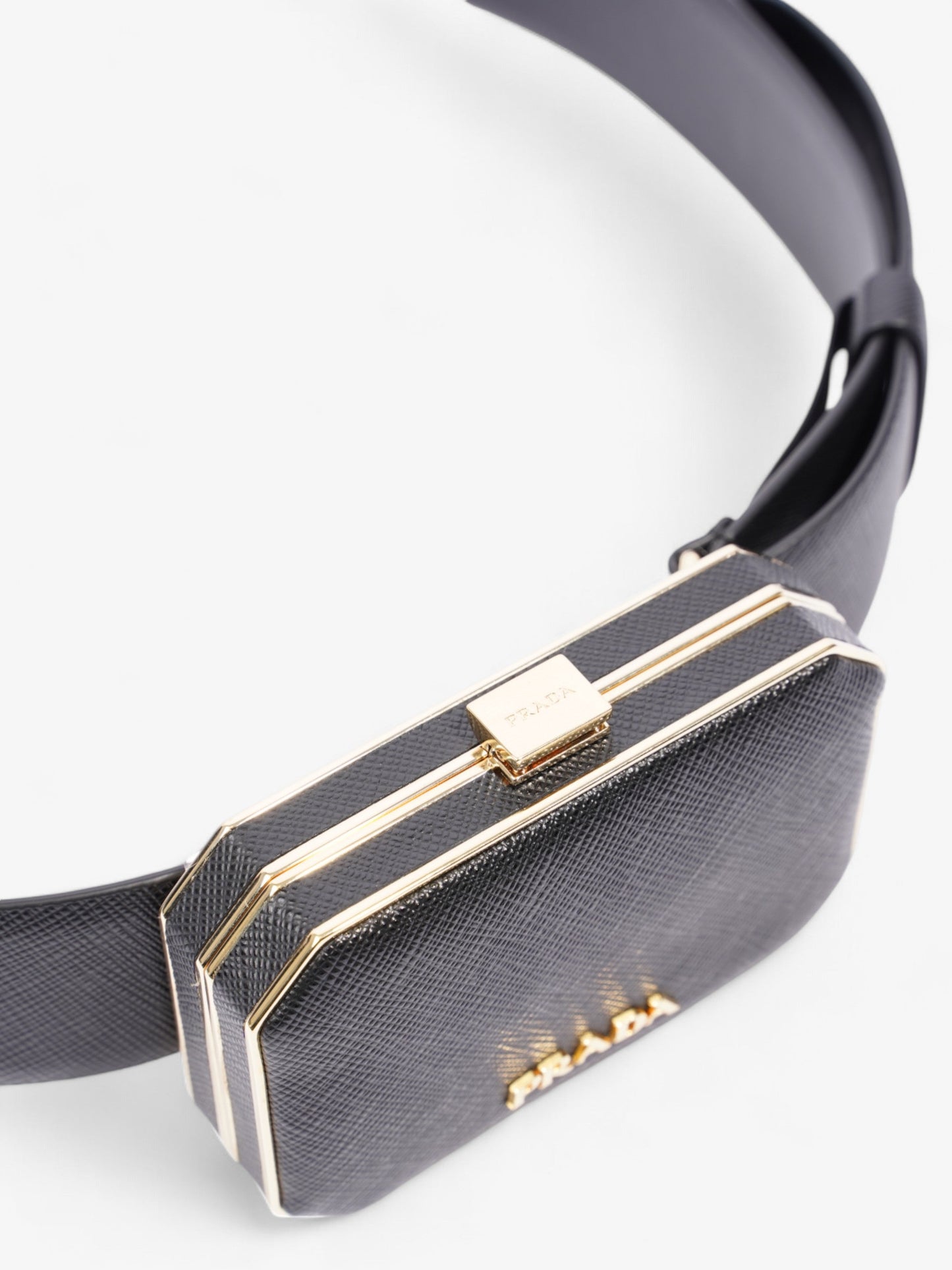 Prada Octagon Logo Belt with Bag Black / Gold Saffiano Leather 80cm / 32"