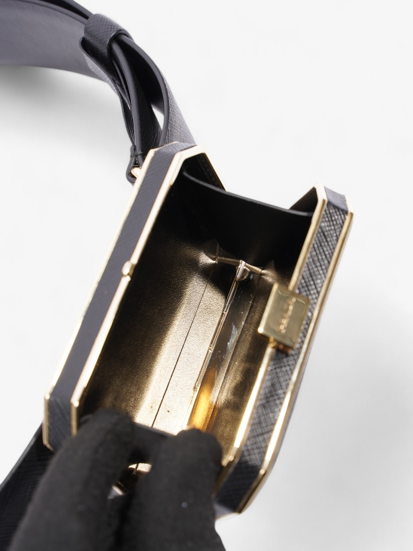 Prada Octagon Logo Belt with Bag Black / Gold Saffiano Leather 80cm / 32"