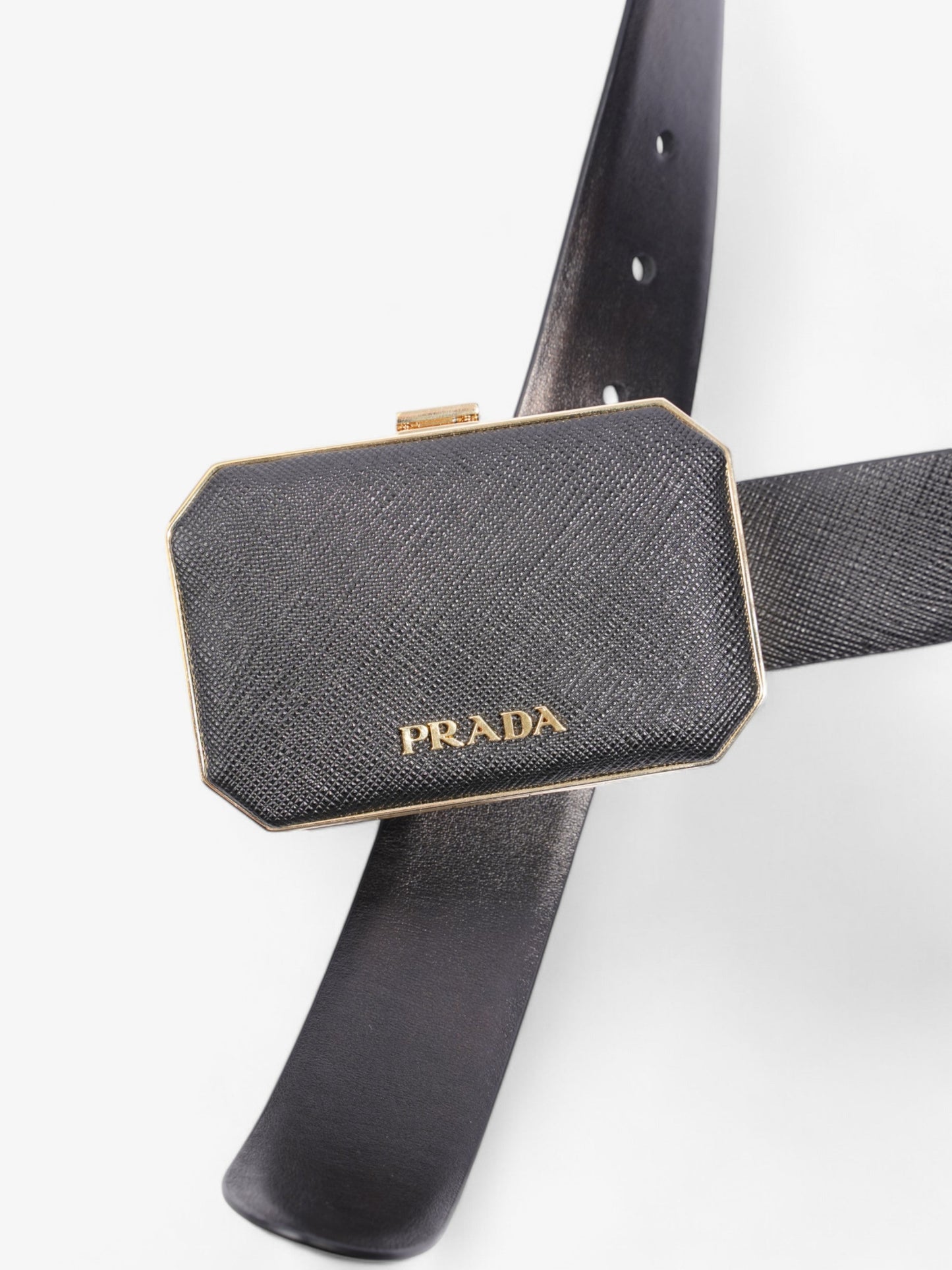 Prada Octagon Logo Belt with Bag Black / Gold Saffiano Leather 80cm / 32"