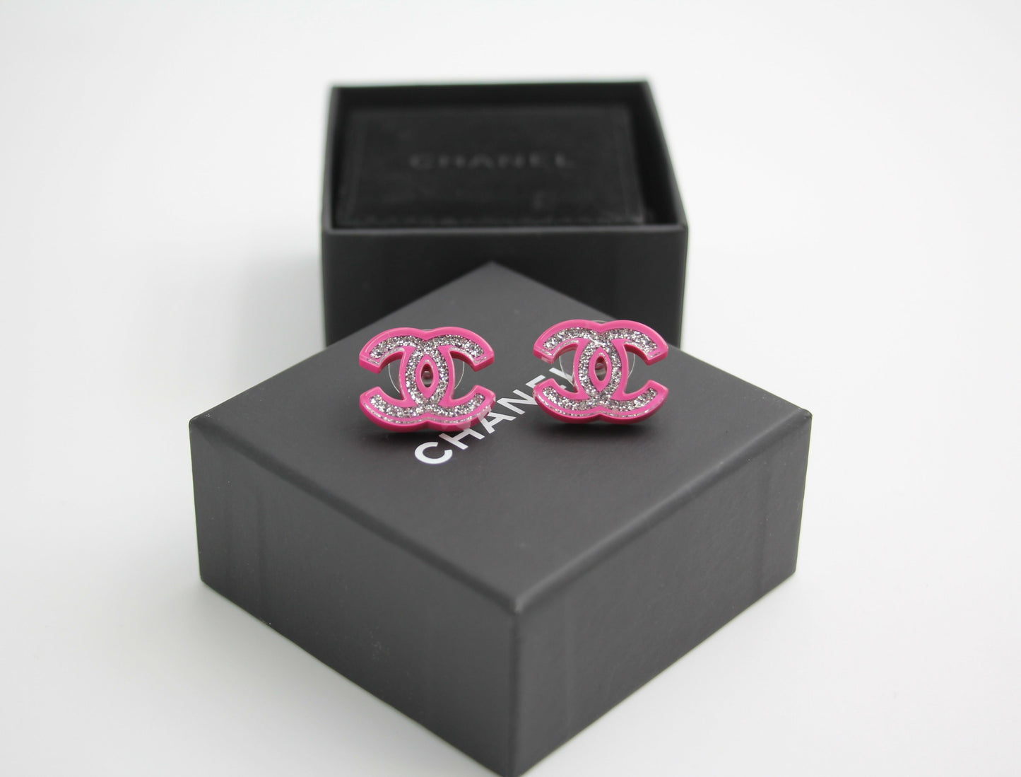 Chanel 2018 Resin Silver Glitter Pink Stud Earrings