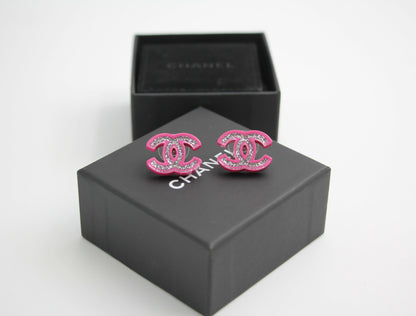 Chanel 2018 Resin Silver Glitter Pink Stud Earrings