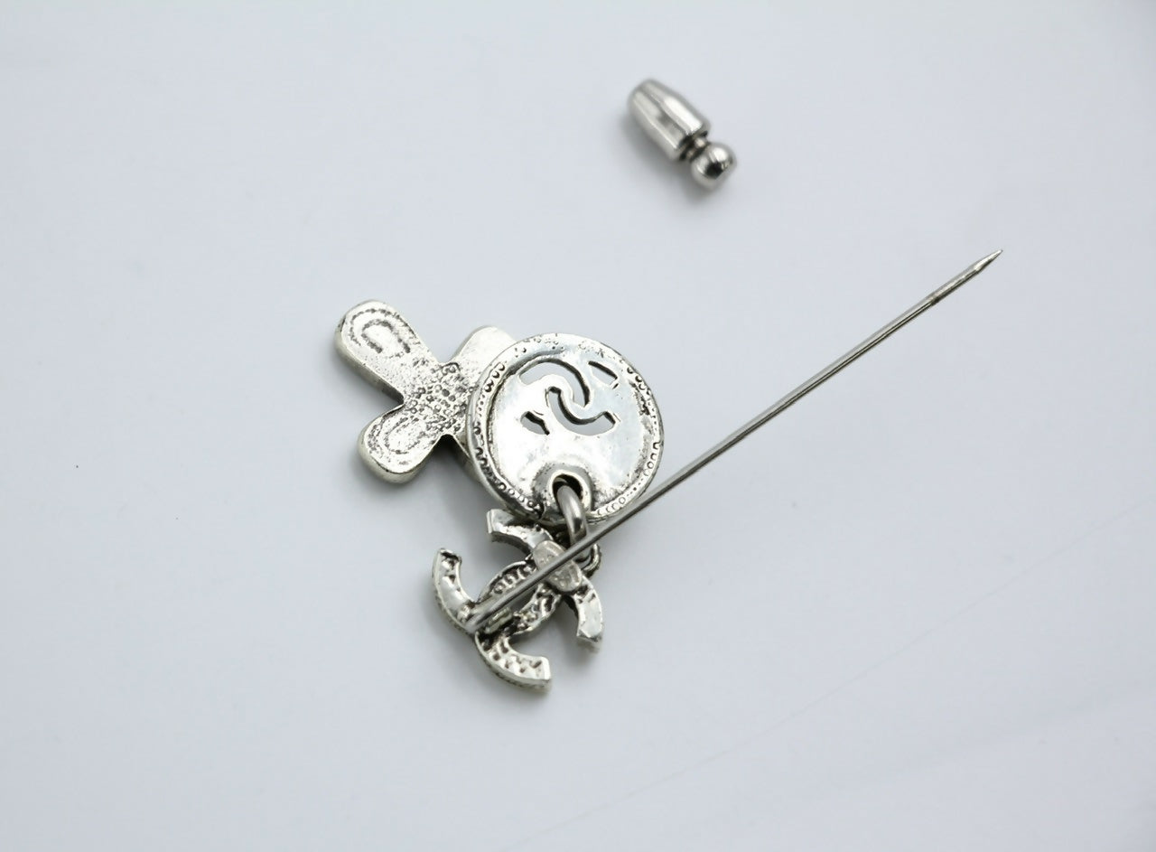 Chanel Vintage 03P Metal Cross Silver Coin CC Brooch