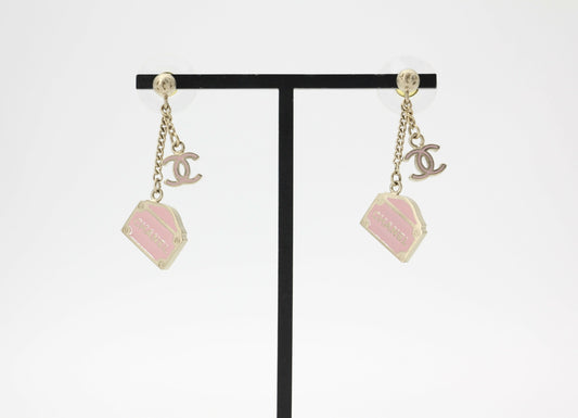 Chanel Vintage 01 Enamel Pink Purse Rue Cambon CC Dangle Stud Earrings