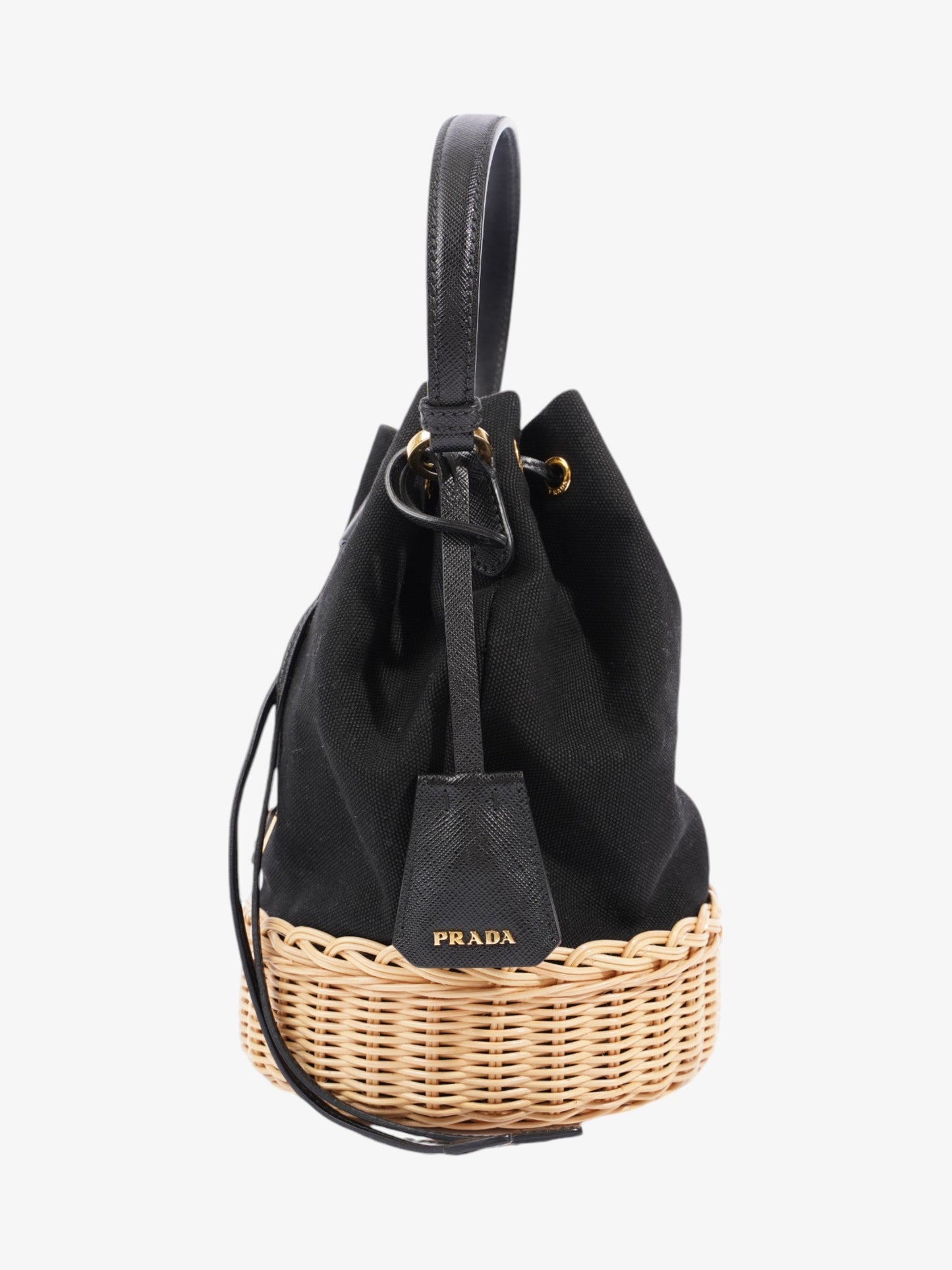Prada Wicker Bucket Bag Black / Natural Canvas