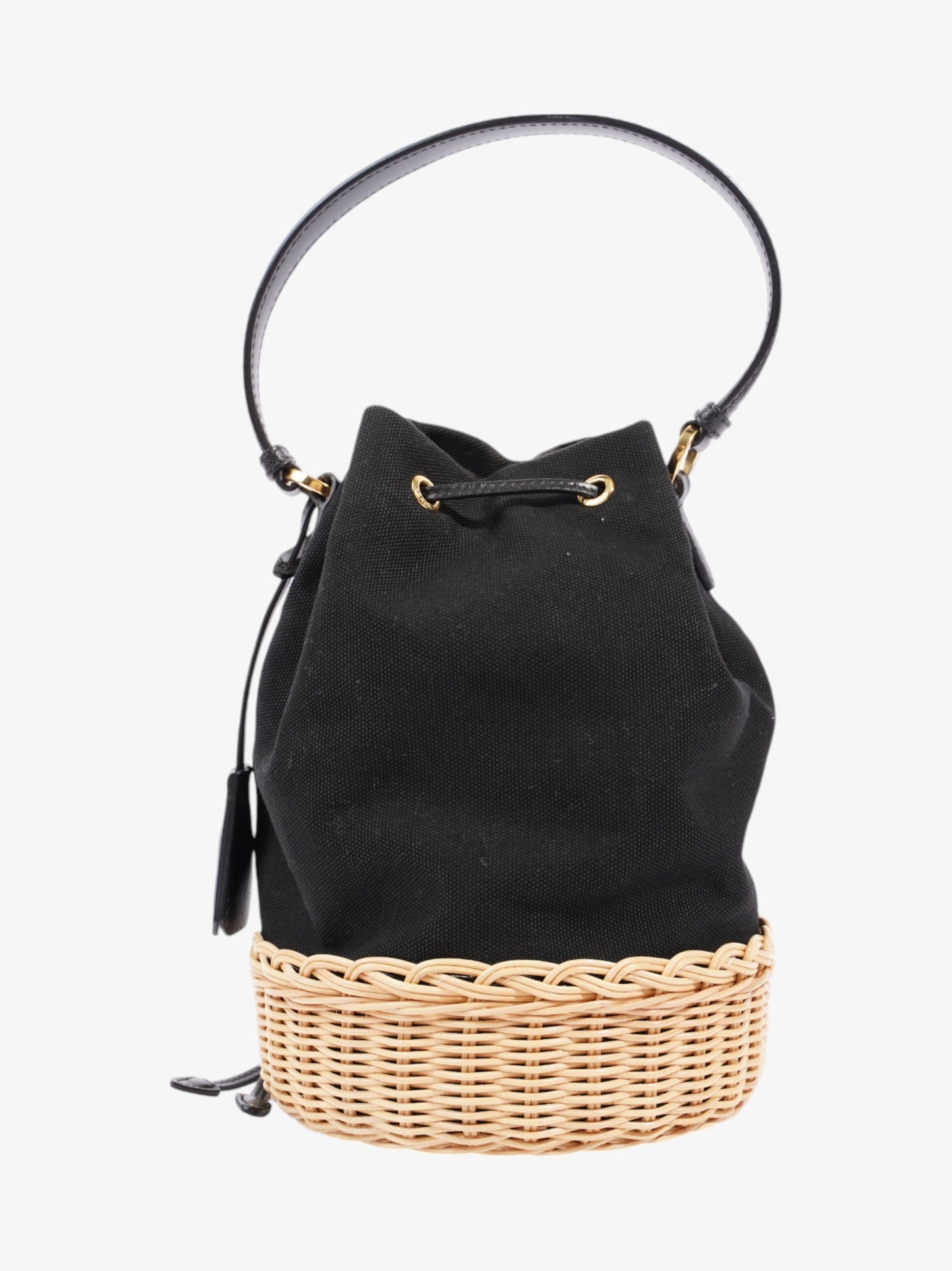 Prada Wicker Bucket Bag Black / Natural Canvas
