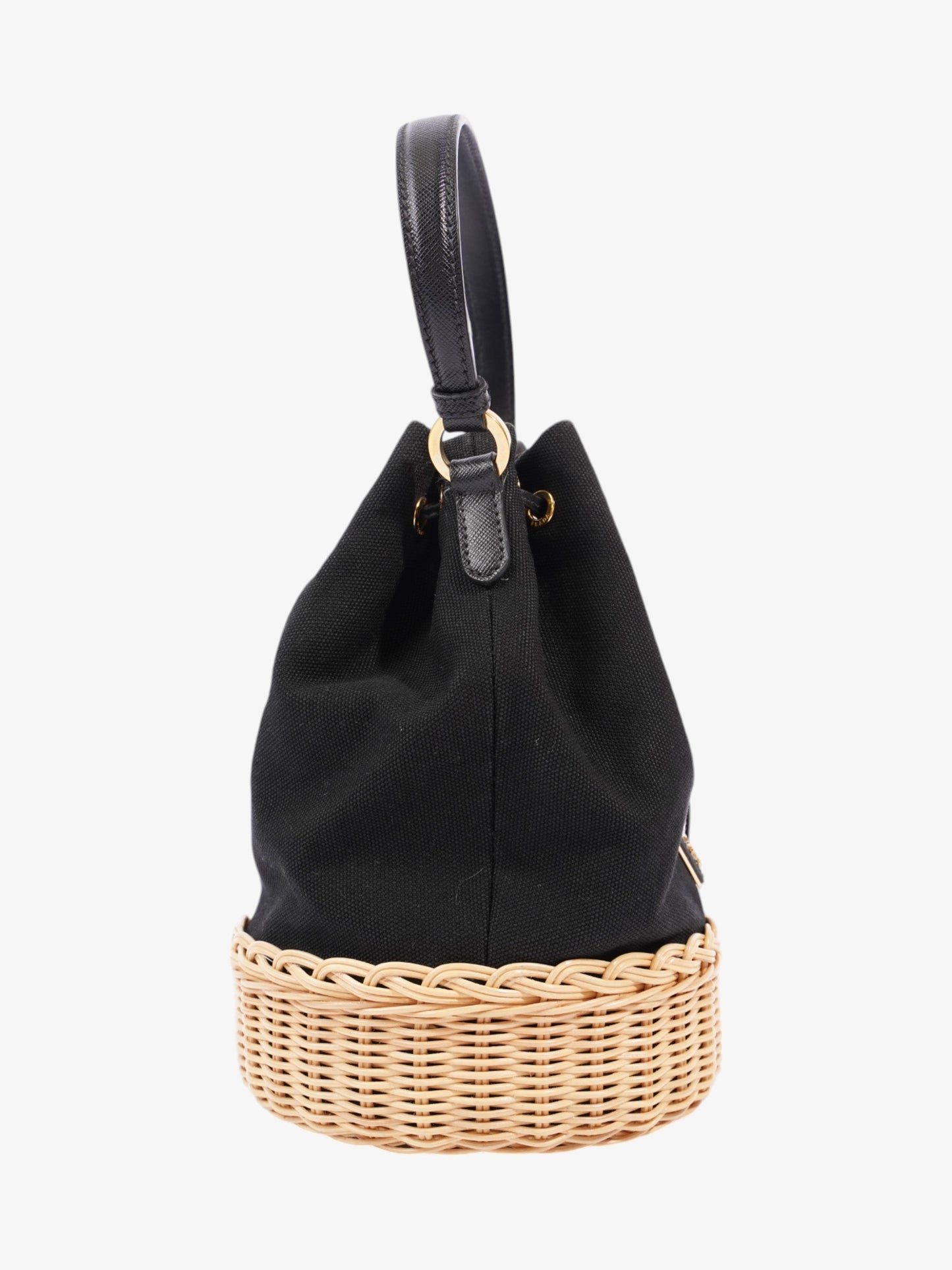 Prada Wicker Bucket Bag Black / Natural Canvas