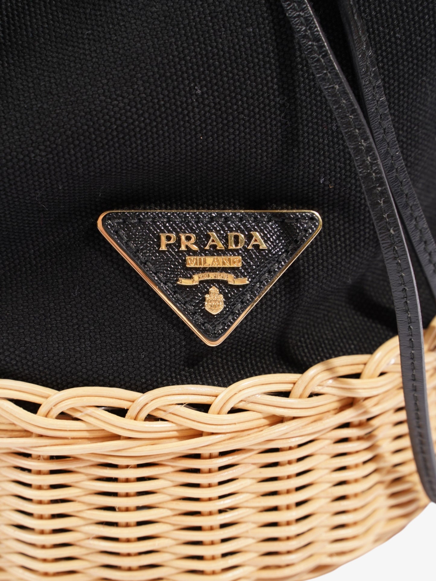 Prada Wicker Bucket Bag Black / Natural Canvas