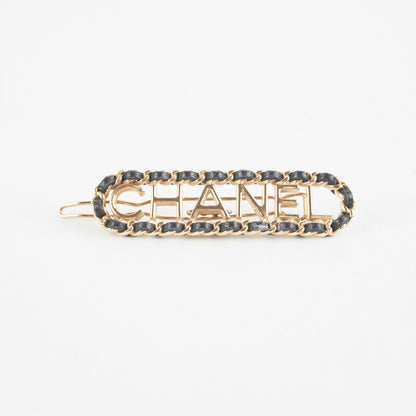 Chanel Metal & Lambskin Hair Clip Black