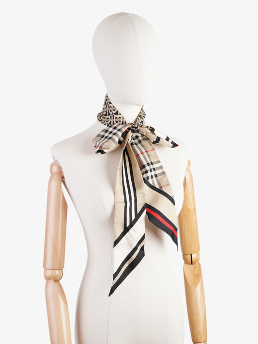 Burberry Triple Check Monogram Stripe Skinny Scarf Archive Beige Silk