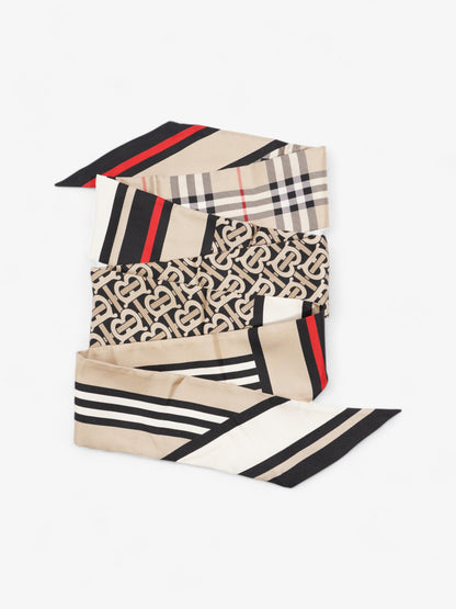 Burberry Triple Check Monogram Stripe Skinny Scarf Archive Beige Silk