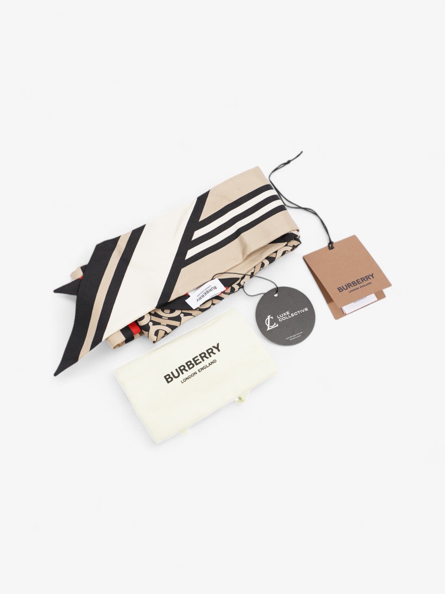 Burberry Triple Check Monogram Stripe Skinny Scarf Archive Beige Silk