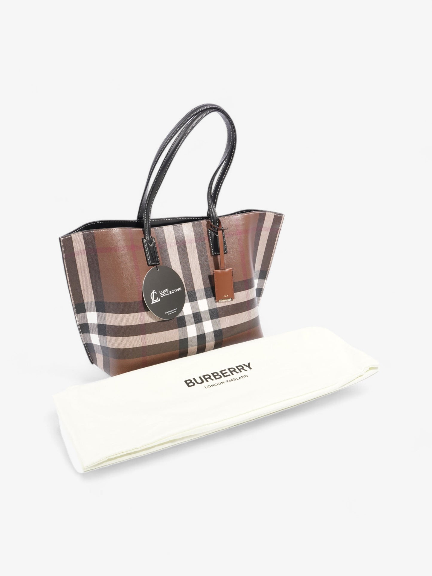 Burberry Check Tote Dark Birch Brown Calfskin Leather Medium