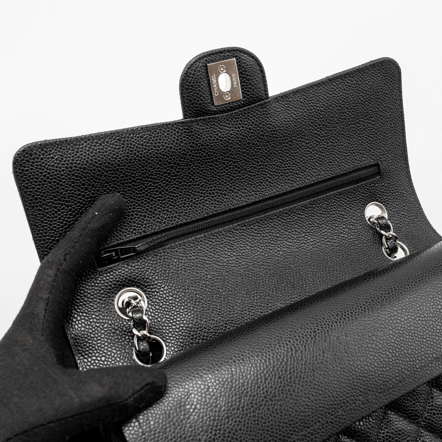 CHANEL Medium Classic Double Flap Bag Caviar Black  (Microchip)