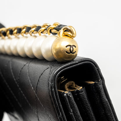 Chanel Quilted Pearl Long Wallet on Chain Goatskin Black