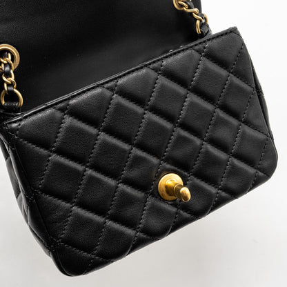 Chanel Pearl Crush Mini Square  Flap Bag Lambskin Black  (microchip)