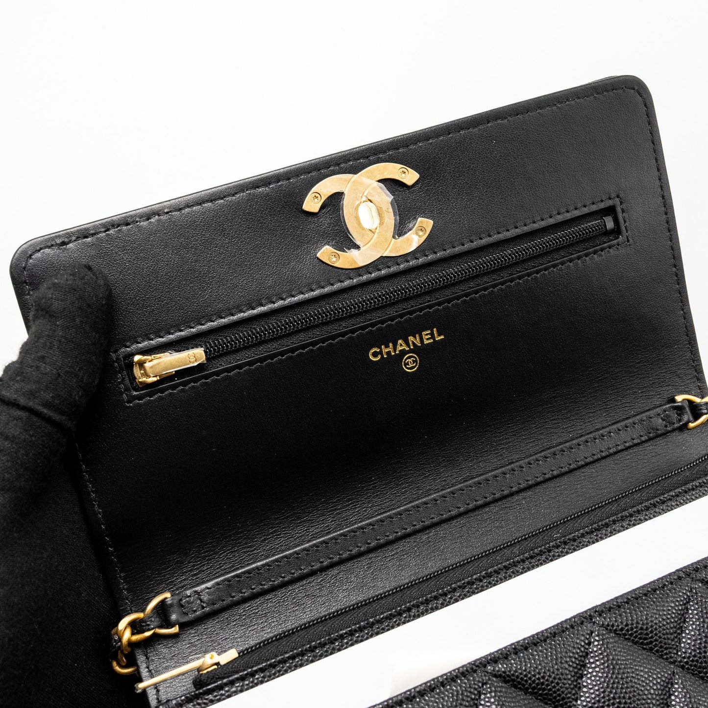 Chanel Camellia Wallet on chain Caviar Black  (Microchip)