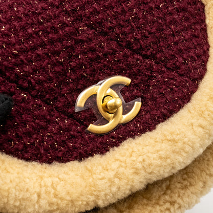 Chanel 22K Mini Messenger Flap Bag Shearling/Tweed Burgundy/Beige  (Microchip)