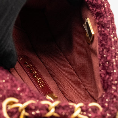 Chanel 22K Mini Messenger Flap Bag Shearling/Tweed Burgundy/Beige  (Microchip)