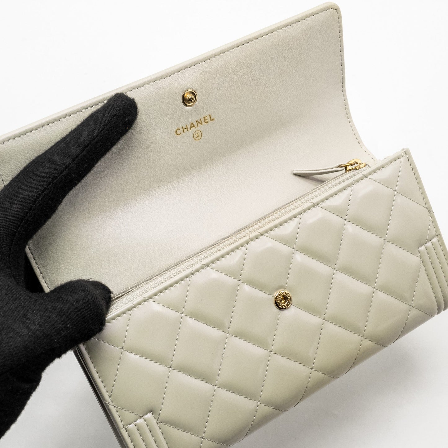 Chanel Boy Long Wallet Patent Iridescent Light Grey L