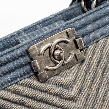 Chanel 15P Boy Chevron Shopping Tote Bag Denim/ Lambskin Blue Ruthenium Hardware