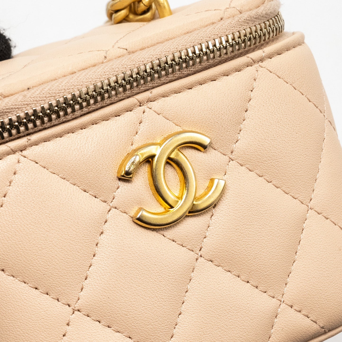 Chanel Mini Vanity Case With Camellia Adjustable Chain Lambskin Beige  (Microchip)