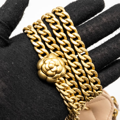 Chanel Mini Vanity Case With Camellia Adjustable Chain Lambskin Beige  (Microchip)