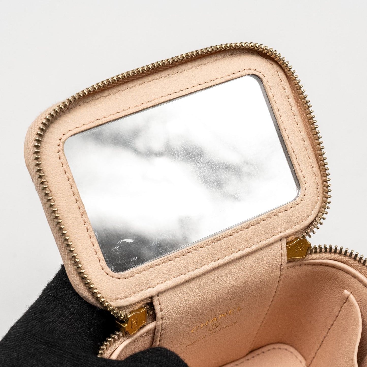 Chanel Mini Vanity Case With Camellia Adjustable Chain Lambskin Beige  (Microchip)
