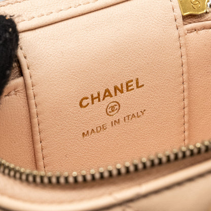 Chanel Mini Vanity Case With Camellia Adjustable Chain Lambskin Beige  (Microchip)