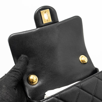 Chanel 23c Round Handle Mini Square Flap Bag Lambskin Black  (microchip)