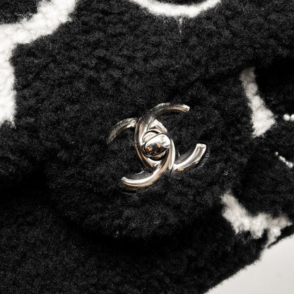 Chanel 22A Fluffy Camellia Flap Bag Embroidered Shearling Lambskin Black / White  (Microchip)