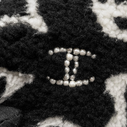 Chanel 22A Fluffy Camellia Flap Bag Embroidered Shearling Lambskin Black / White  (Microchip)