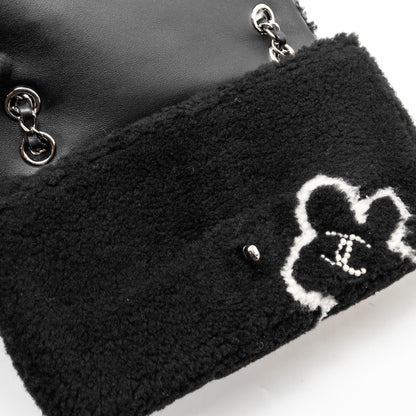 Chanel 22A Fluffy Camellia Flap Bag Embroidered Shearling Lambskin Black / White  (Microchip)